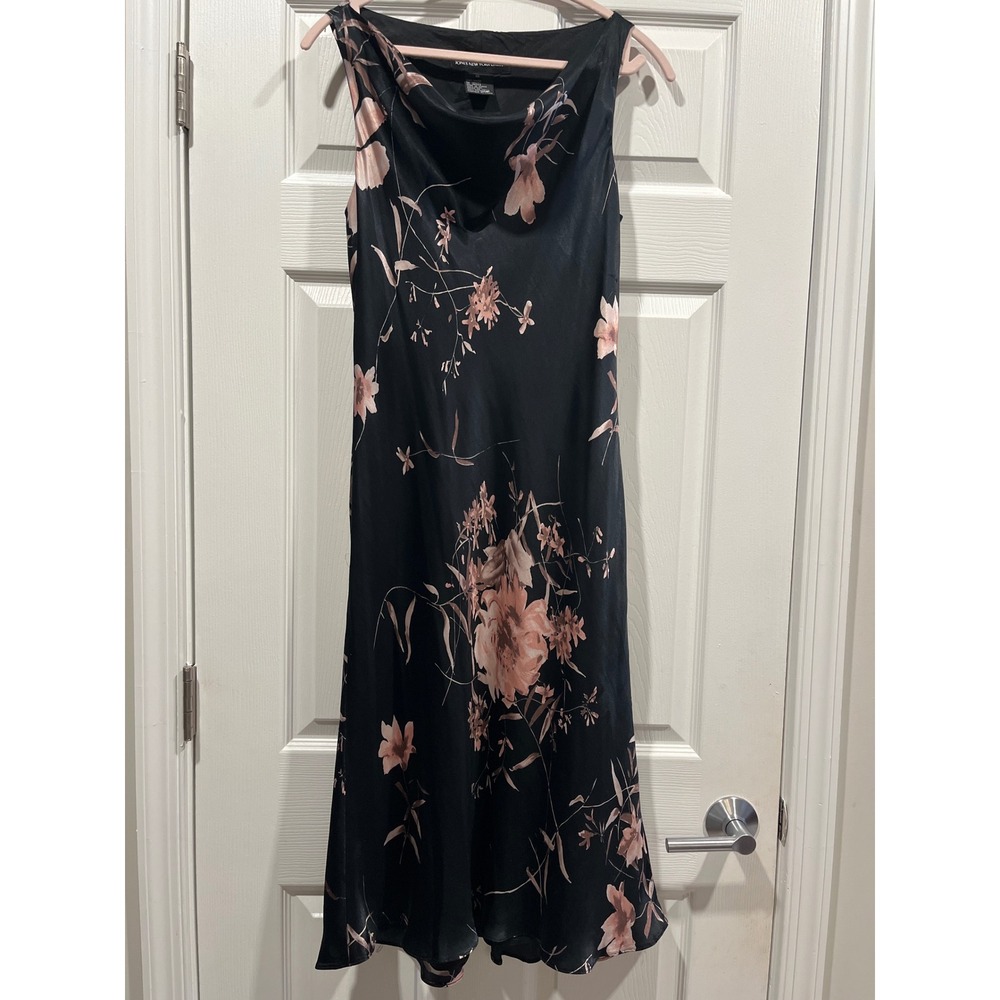Jones New York Floral Cowl Neck Midi Slip Dress Black Pink Rayon Satin Size 10